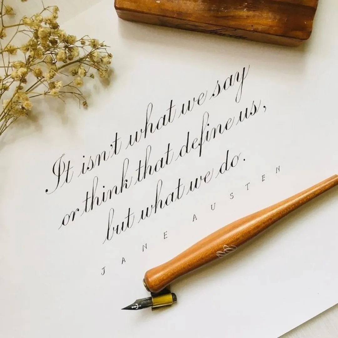 Student work: Jane Austen quote written with a pointed pen