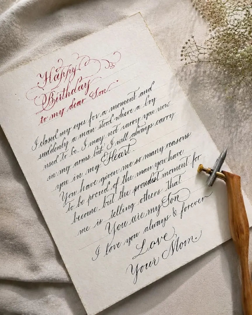 Student work: “Happy Birthday to my dear Son” letter in pointed-pen script