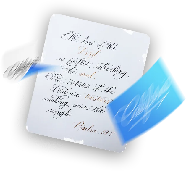 Calligraphy card with Psalm 19:7 and flying sheets of paper